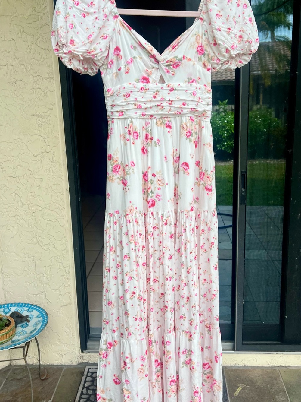 Altar'd State White Maxi Dress with Pink Floral Print and Puff Sleeves